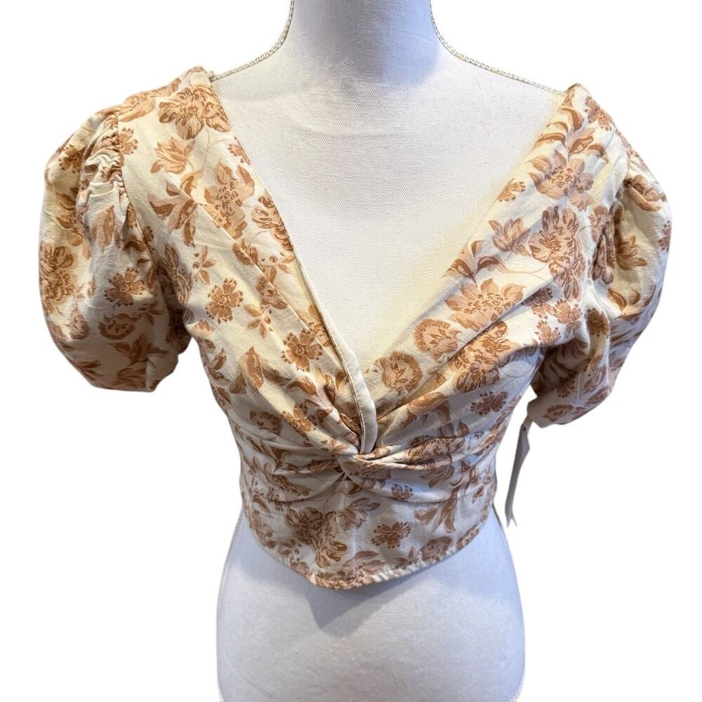 Floral Milkmaid Cropped Twist Front Top Oatmeal Brown L